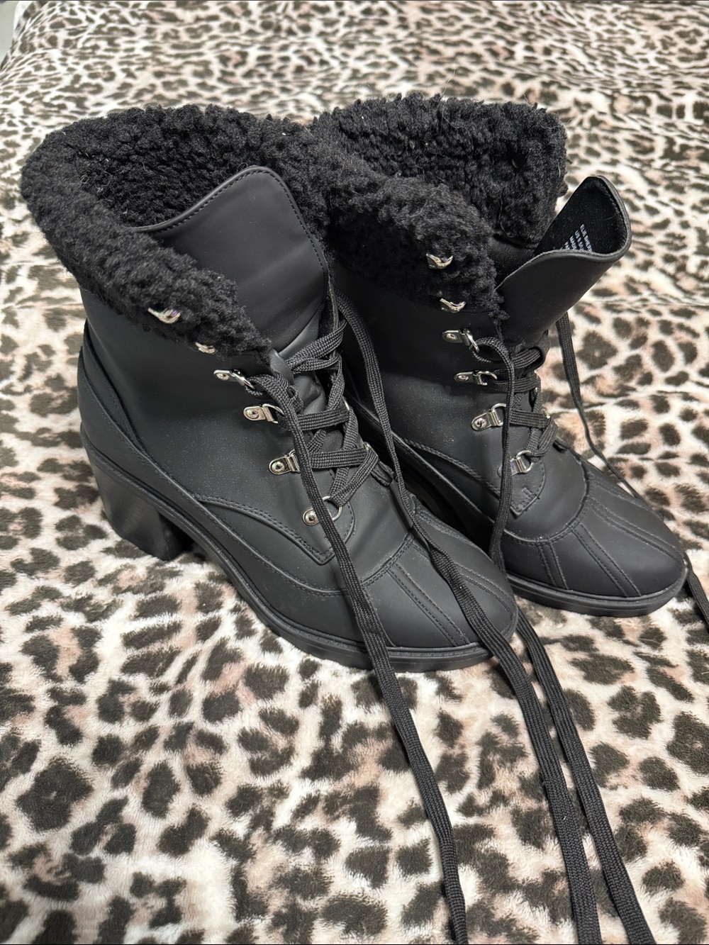 JustFab Black Faux-Shearling Lace-Up Heeled Winter Boots